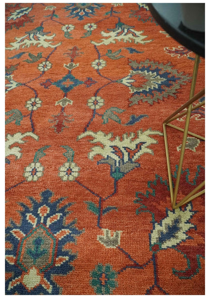 Rust, Blue and Beige Hand Knotted Oriental Oushak Multi Size wool Area Rug.