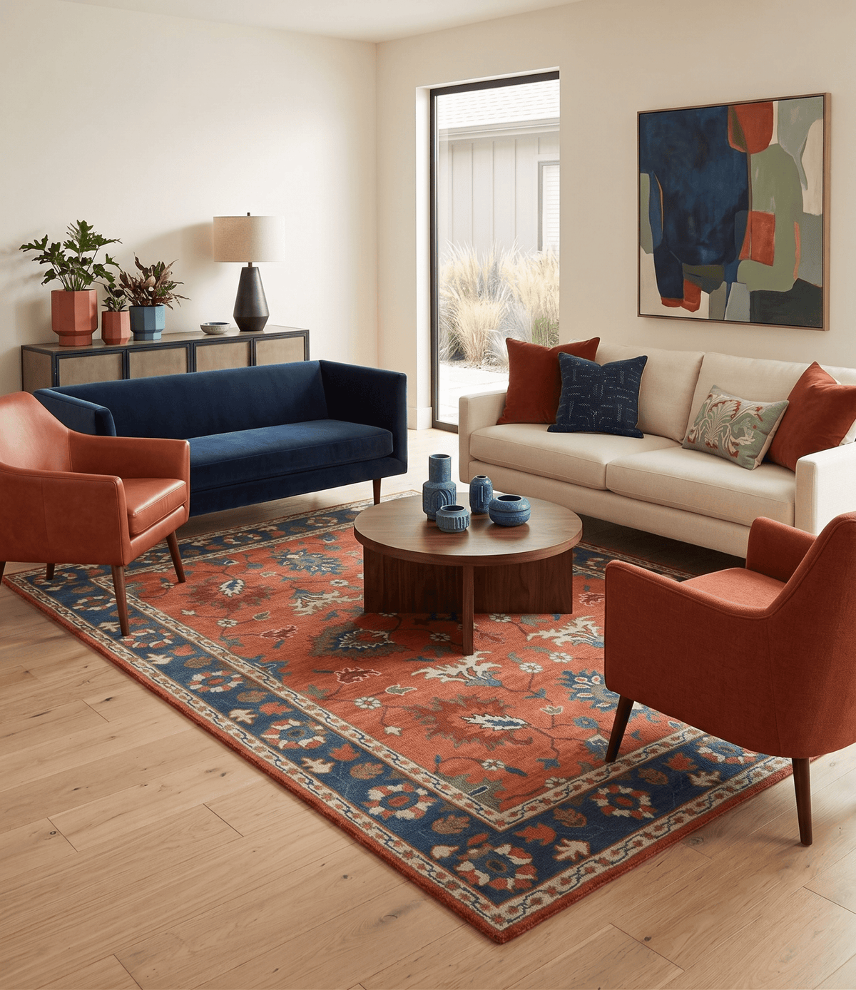 Rust, Blue and Beige Hand Knotted Oriental Oushak Multi Size wool Area Rug.