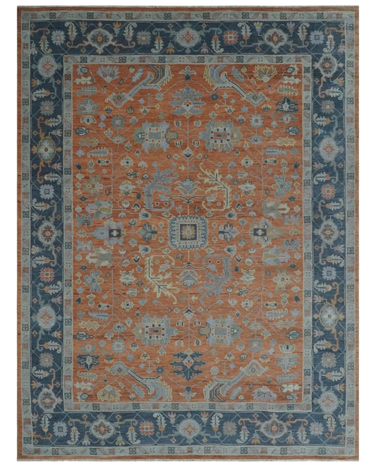 Rust, Blue and Silver Hand Knotted Traditional Multi Size Oushak Wool Area Rug.