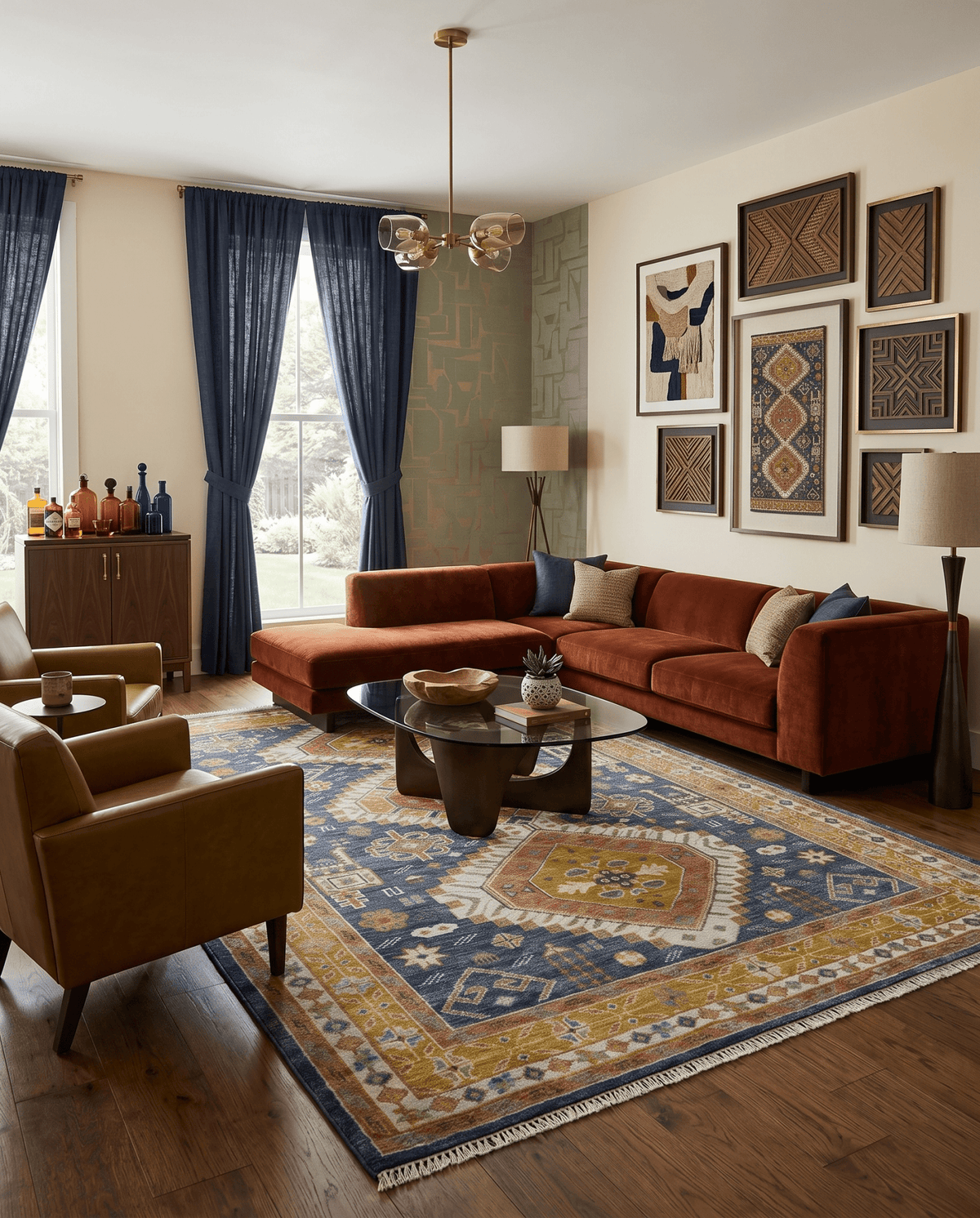 Rust, Gold and Blue Traditional Hand knotted Custom Made wool Area Rug.