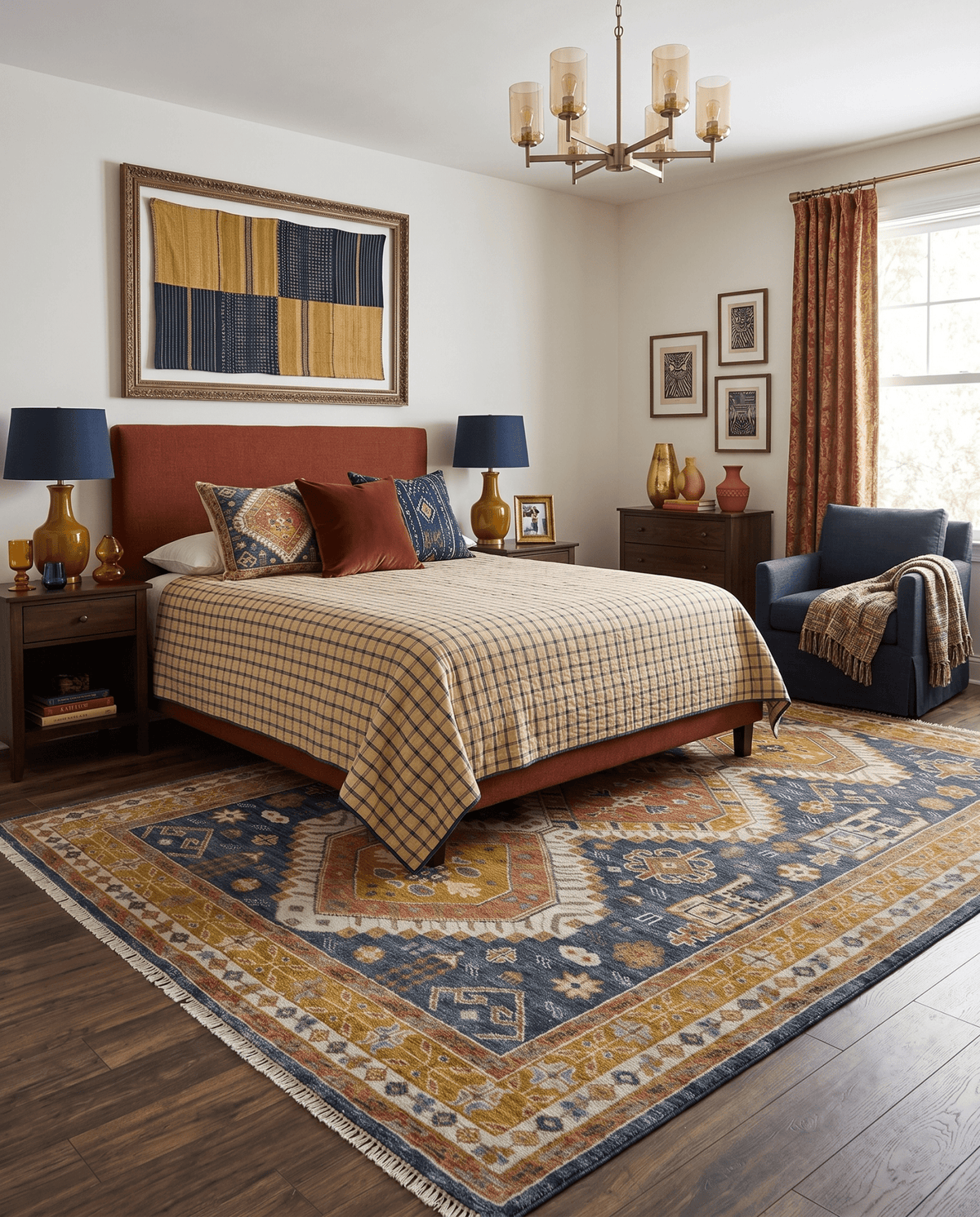 Rust, Gold and Blue Traditional Hand knotted Custom Made wool Area Rug.