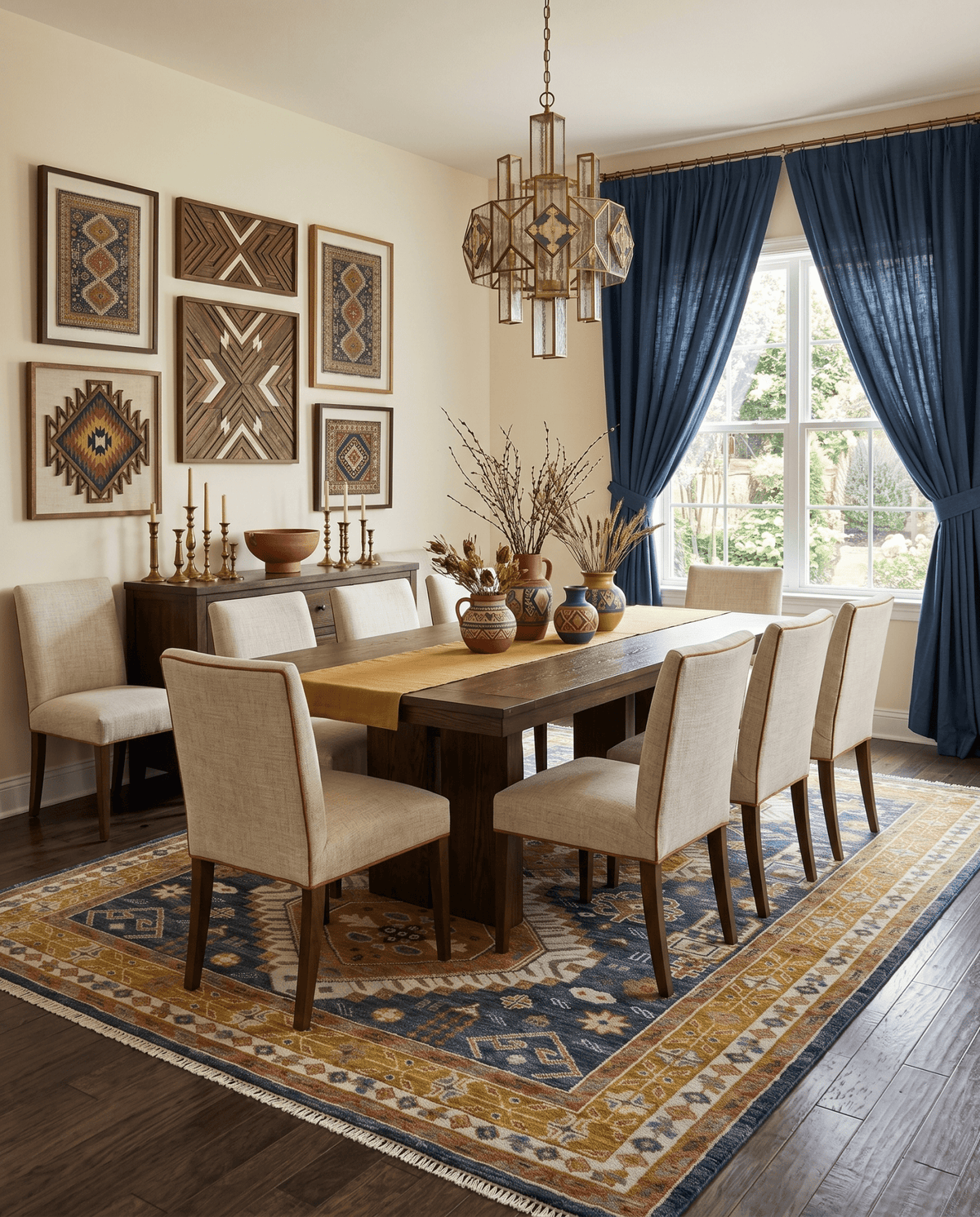 Rust, Gold and Blue Traditional Hand knotted Custom Made wool Area Rug.