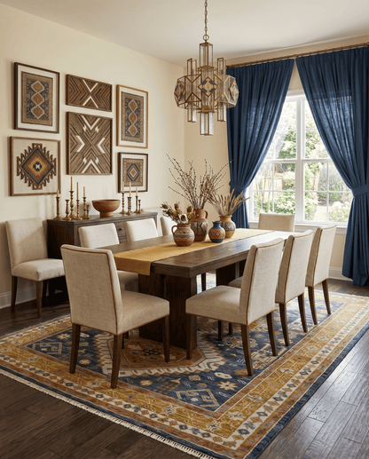 Rust, Gold and Blue Traditional Hand knotted Custom Made wool Area Rug.