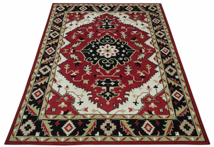 Rust, Ivory, Black and Beige Hand Knotted Traditional Heriz Multi Size wool area Rug.