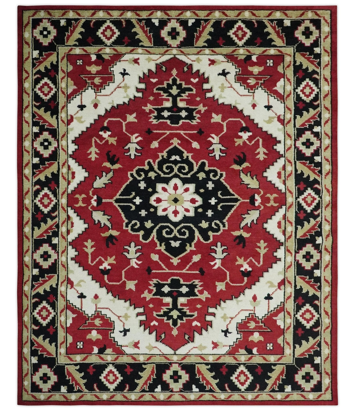 Rust, Ivory, Black and Beige Hand Knotted Traditional Heriz Multi Size wool area Rug.