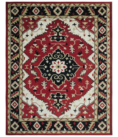 Rust, Ivory, Black and Beige Hand Knotted Traditional Heriz Multi Size wool area Rug.