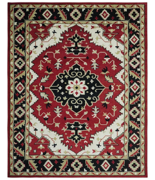 Rust, Ivory, Black and Beige Hand Knotted Traditional Heriz Multi Size wool area Rug.
