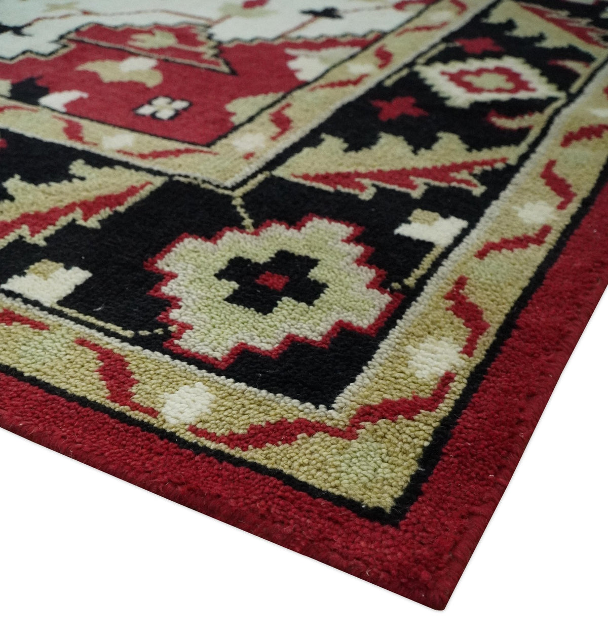 Rust, Ivory, Black and Beige Hand Knotted Traditional Heriz Multi Size wool area Rug.