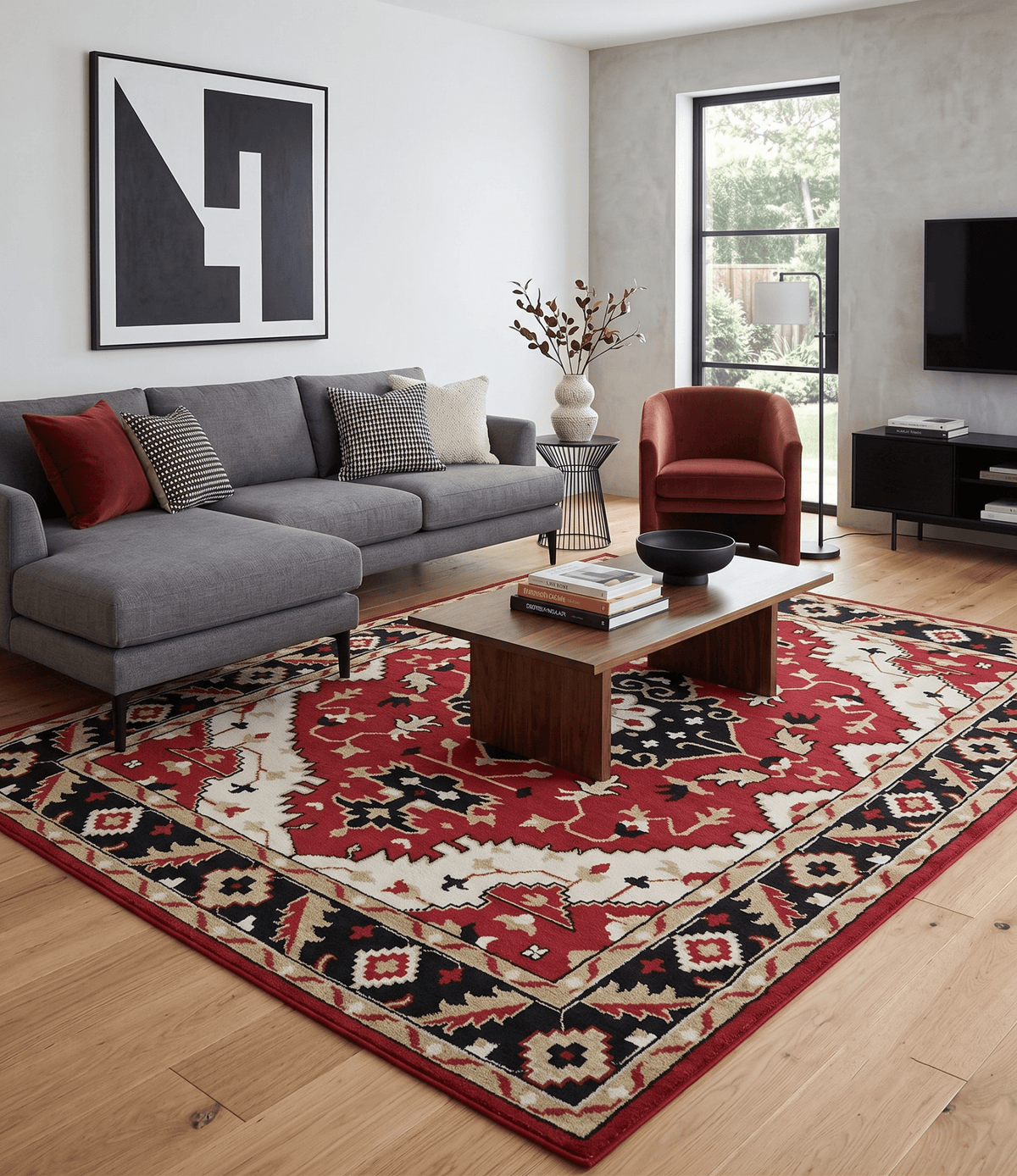 Rust, Ivory, Black and Beige Hand Knotted Traditional Heriz Multi Size wool area Rug.