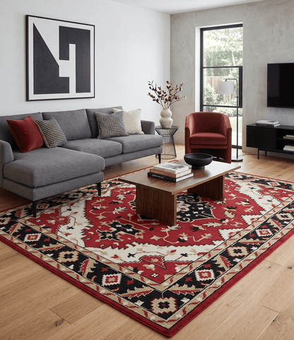 Rust, Ivory, Black and Beige Hand Knotted Traditional Heriz Multi Size wool area Rug.