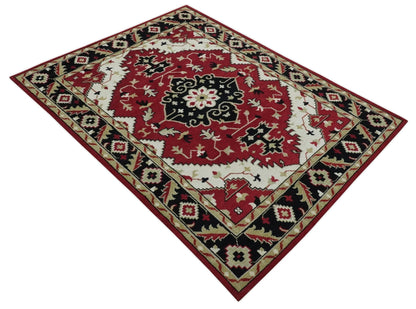 Rust, Ivory, Black and Beige Hand Knotted Traditional Heriz Multi Size wool area Rug.
