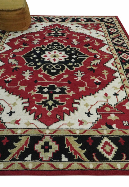 Rust, Ivory, Black and Beige Hand Knotted Traditional Heriz Multi Size wool area Rug.