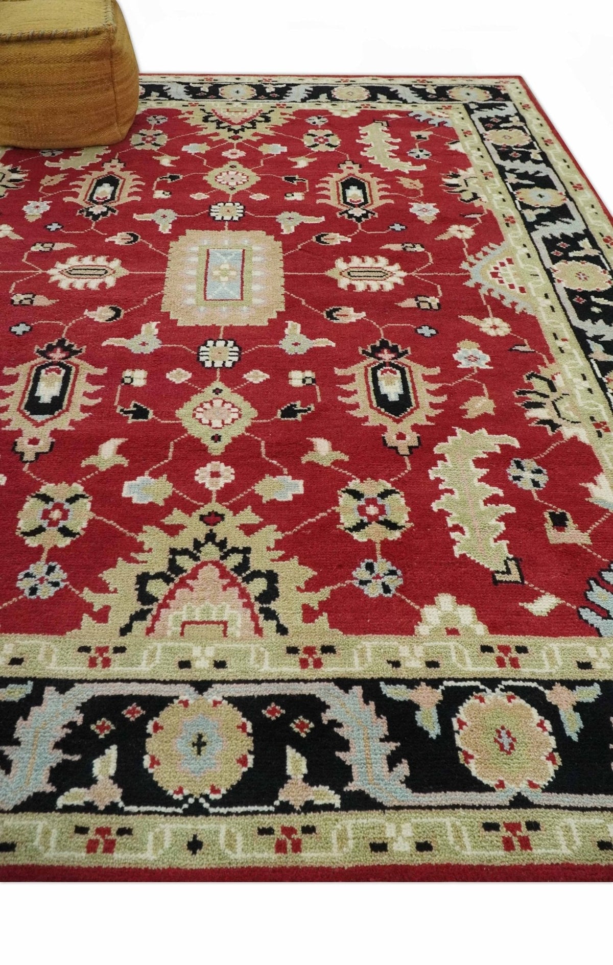 Rust, Olive and Black Hand Knotted Traditional Oriental Custom Made Wool Area Rug.