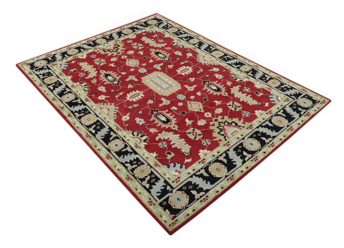 Rust, Olive and Black Hand Knotted Traditional Oriental Custom Made Wool Area Rug.