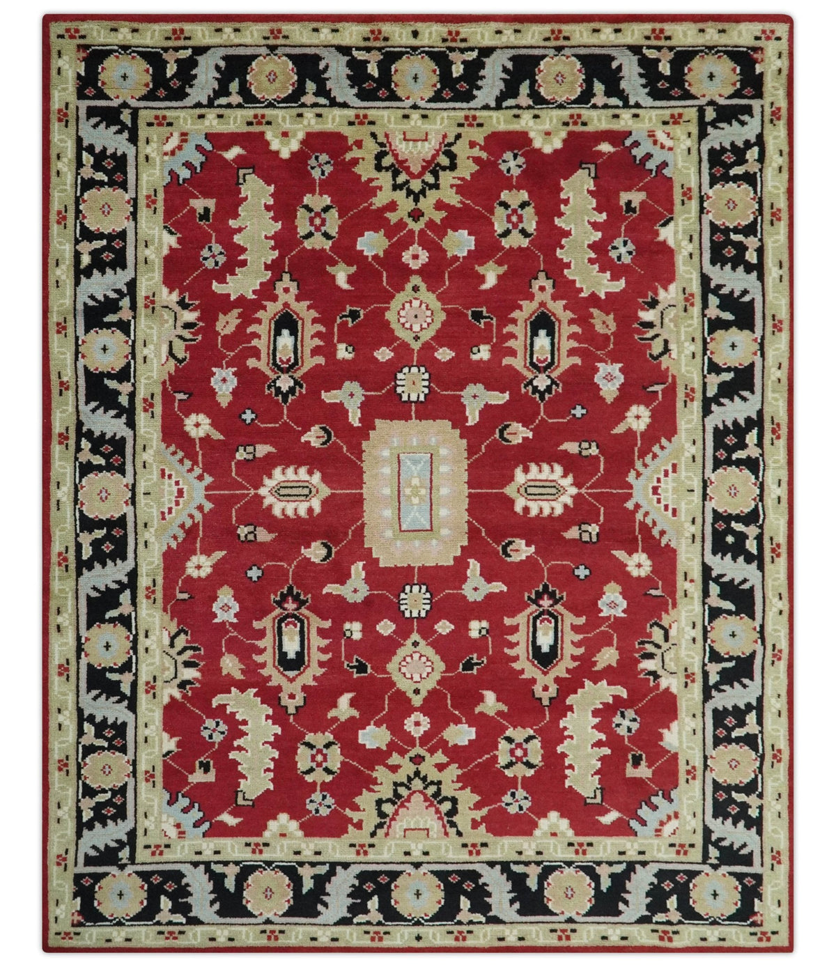 Rust, Olive and Black Hand Knotted Traditional Oriental Custom Made Wool Area Rug.