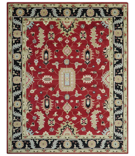 Rust, Olive and Black Hand Knotted Traditional Oriental Custom Made Wool Area Rug.