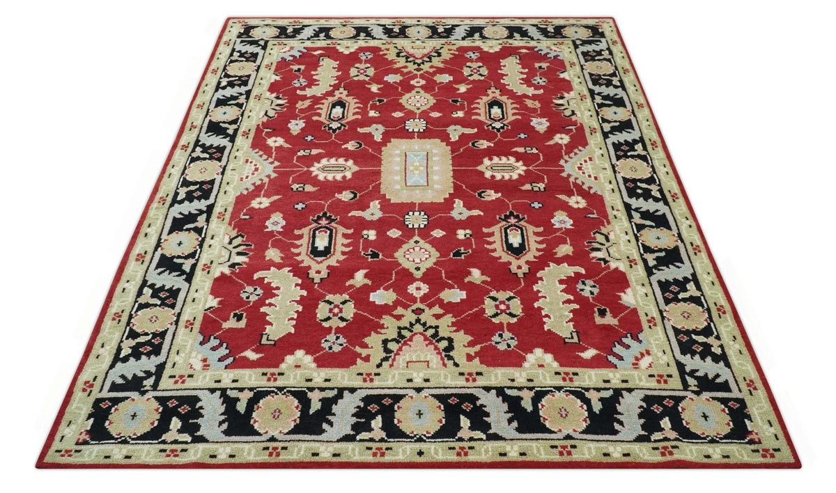 Rust, Olive and Black Hand Knotted Traditional Oriental Custom Made Wool Area Rug.