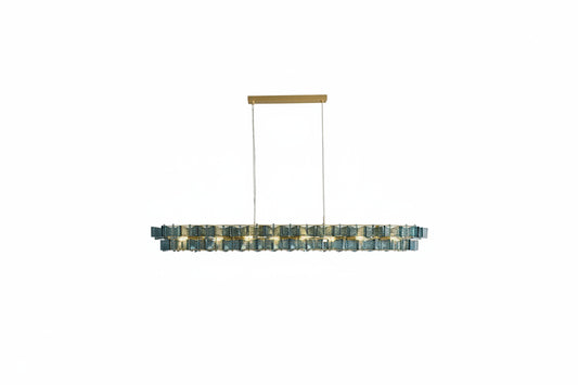 Modern pendant light with rectangular design on a gray background