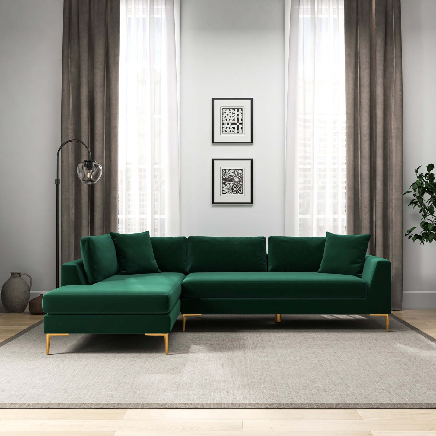 Ashcroft Furniture Co Sectional Sofas Mano Mid-Century Modern L-Shaped Velvet Sectional Sofa in Green