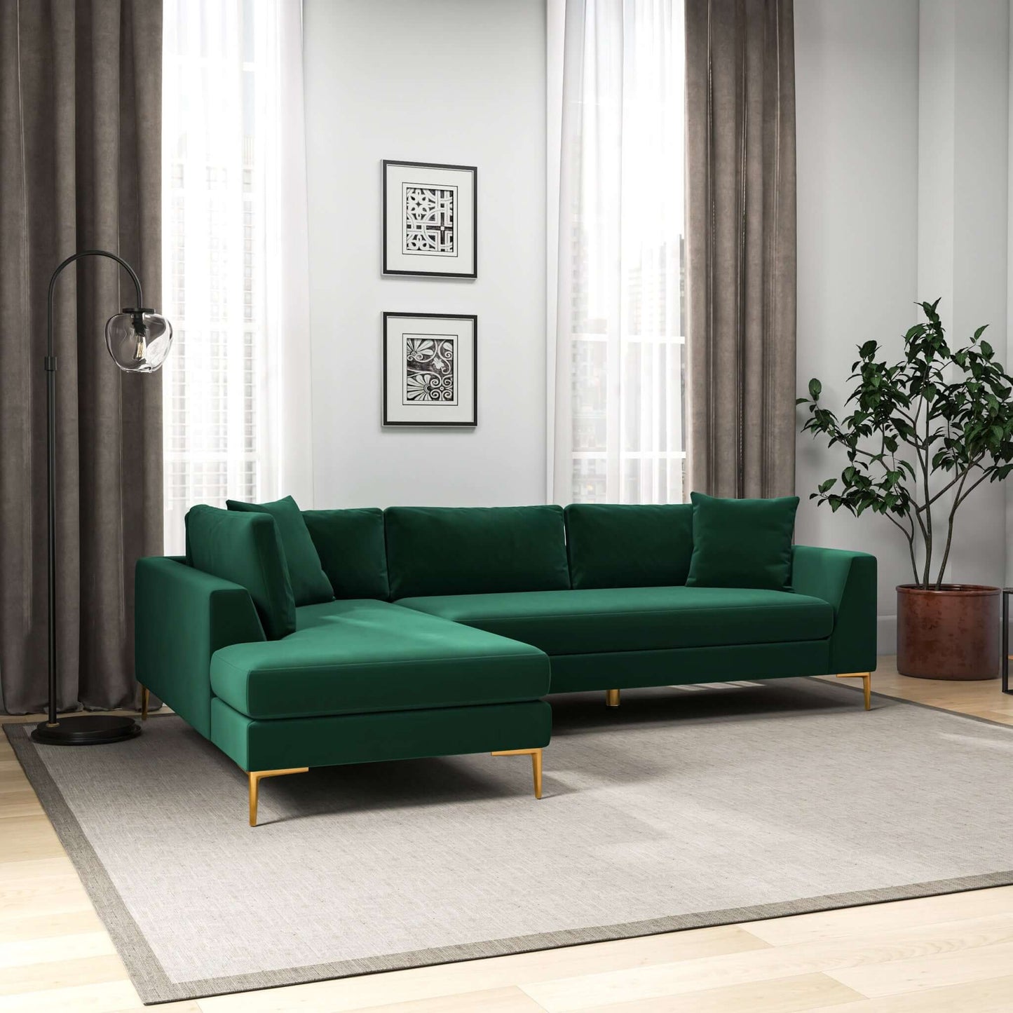 Ashcroft Furniture Co Sectional Sofas Mano Mid-Century Modern L-Shaped Velvet Sectional Sofa in Green