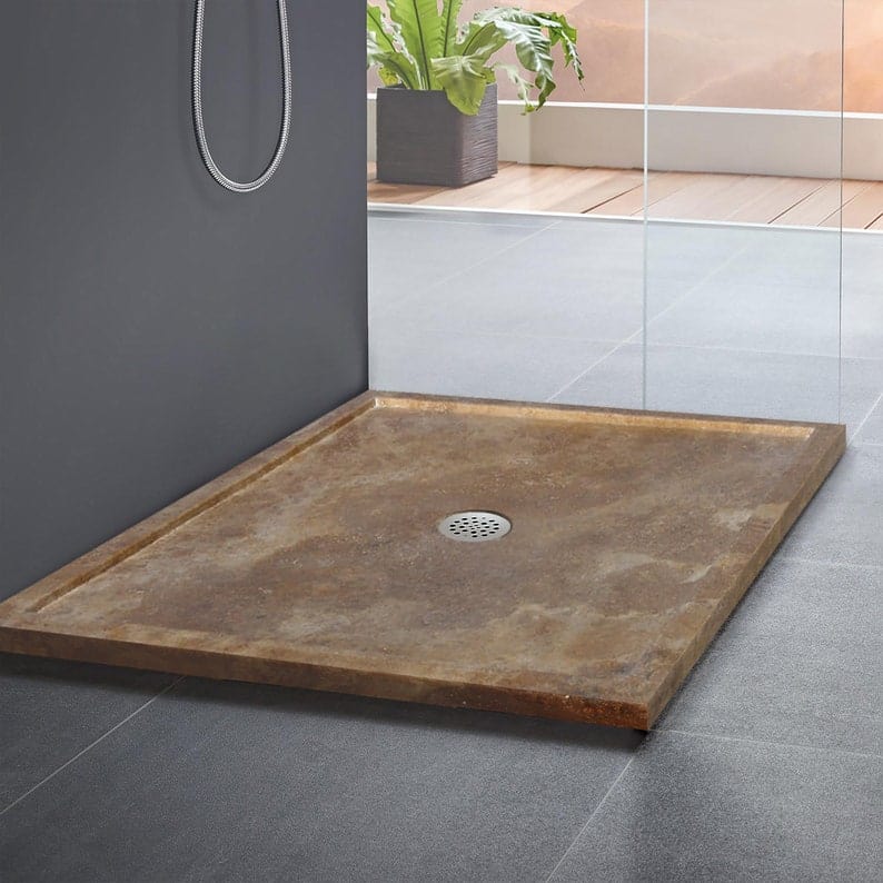 Villohome | Online Flooring Shop Shower Bases 8-14 Weeks / (W)36" (L)36" (H)2" / Honed and Filled Noce Brown Travertine Square Shower Base Hand-carved from Solid Travertine Block (W)36" (L)36" Noce Brown Travertine Square Shower Base Hand-carved from Solid Travertine Block (W)36" (L)36"
