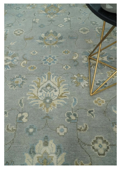 Silver and Brown Antique Traditional Floral Oushak wool area Rug.