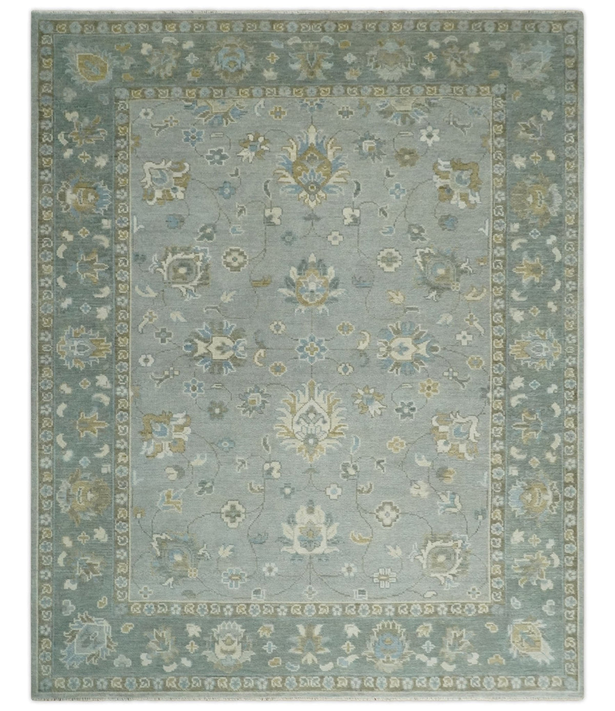 Silver and Brown Antique Traditional Floral Oushak wool area Rug.