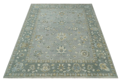 Silver and Brown Antique Traditional Floral Oushak wool area Rug.