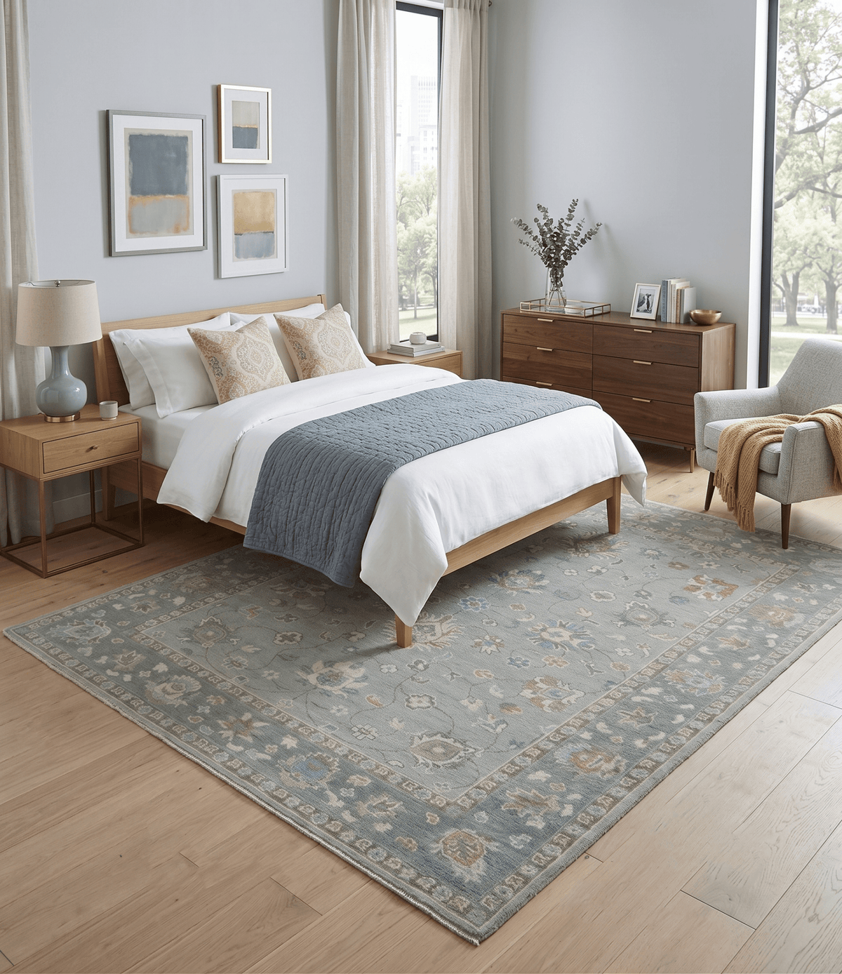 Silver and Brown Antique Traditional Floral Oushak wool area Rug.
