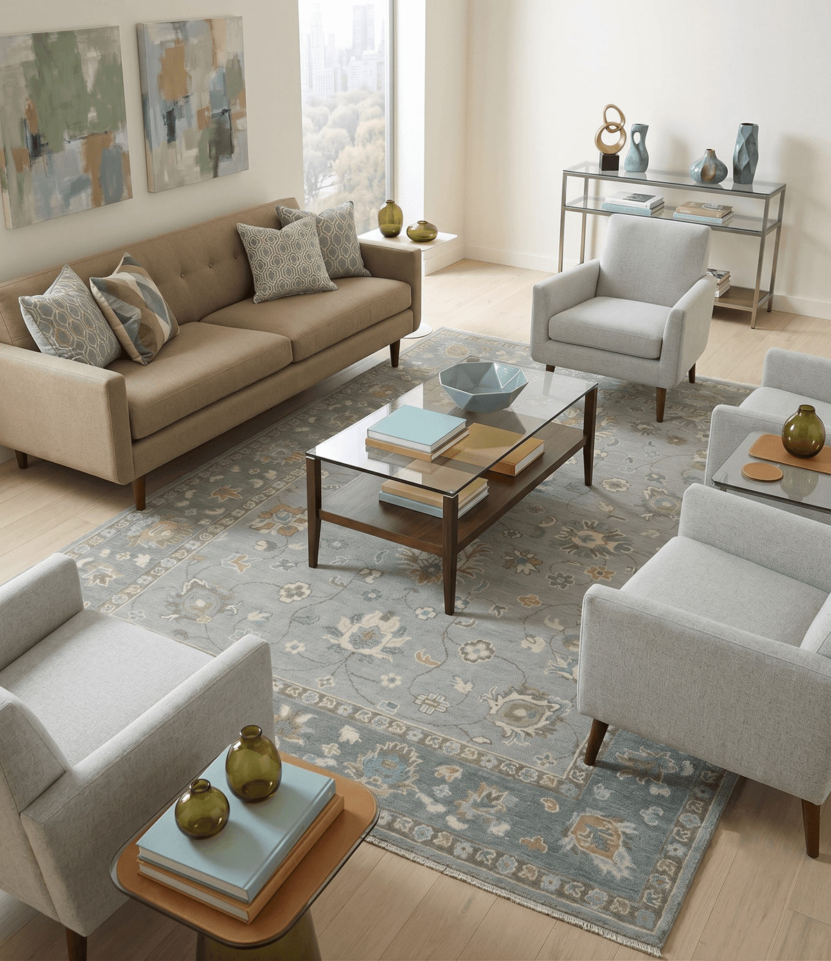 Silver and Brown Antique Traditional Floral Oushak wool area Rug.