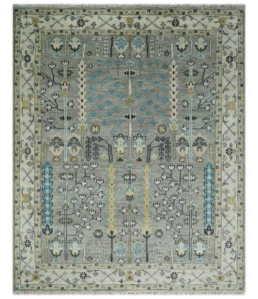 Tree of life Silver and Ivory Hand Knotted Traditional Multi Size Wool Area Rug.