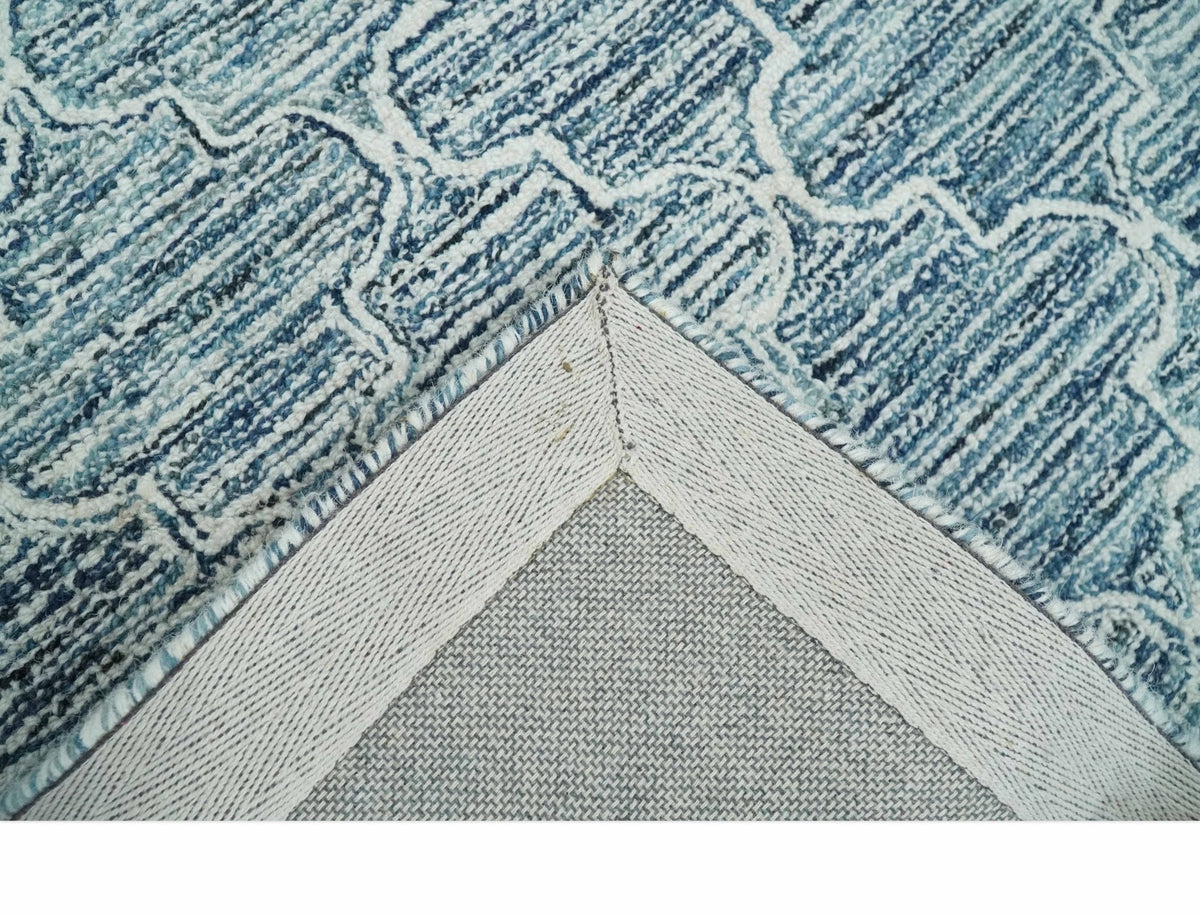 Blue and Ivory Modern Geometric Hand Tufted Natural Wool Rug.