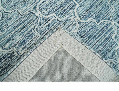 Blue and Ivory Modern Geometric Hand Tufted Natural Wool Rug.