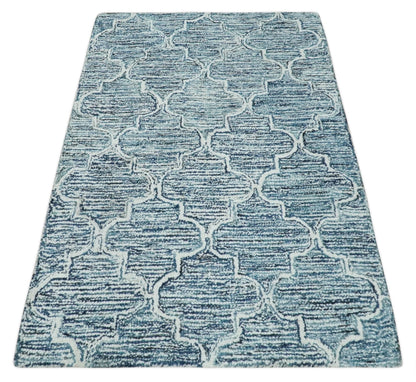 Blue and Ivory Modern Geometric Hand Tufted Natural Wool Rug.