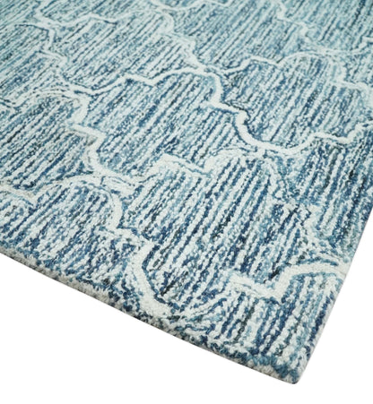 Blue and Ivory Modern Geometric Hand Tufted Natural Wool Rug.
