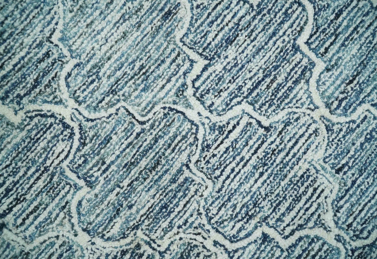 Blue and Ivory Modern Geometric Hand Tufted Natural Wool Rug.