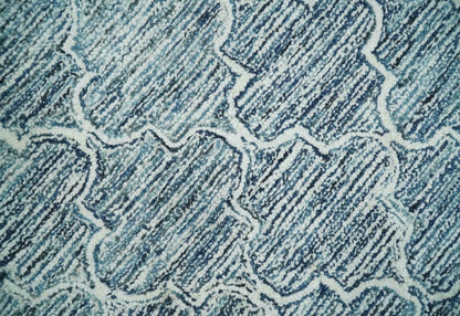 Blue and Ivory Modern Geometric Hand Tufted Natural Wool Rug.