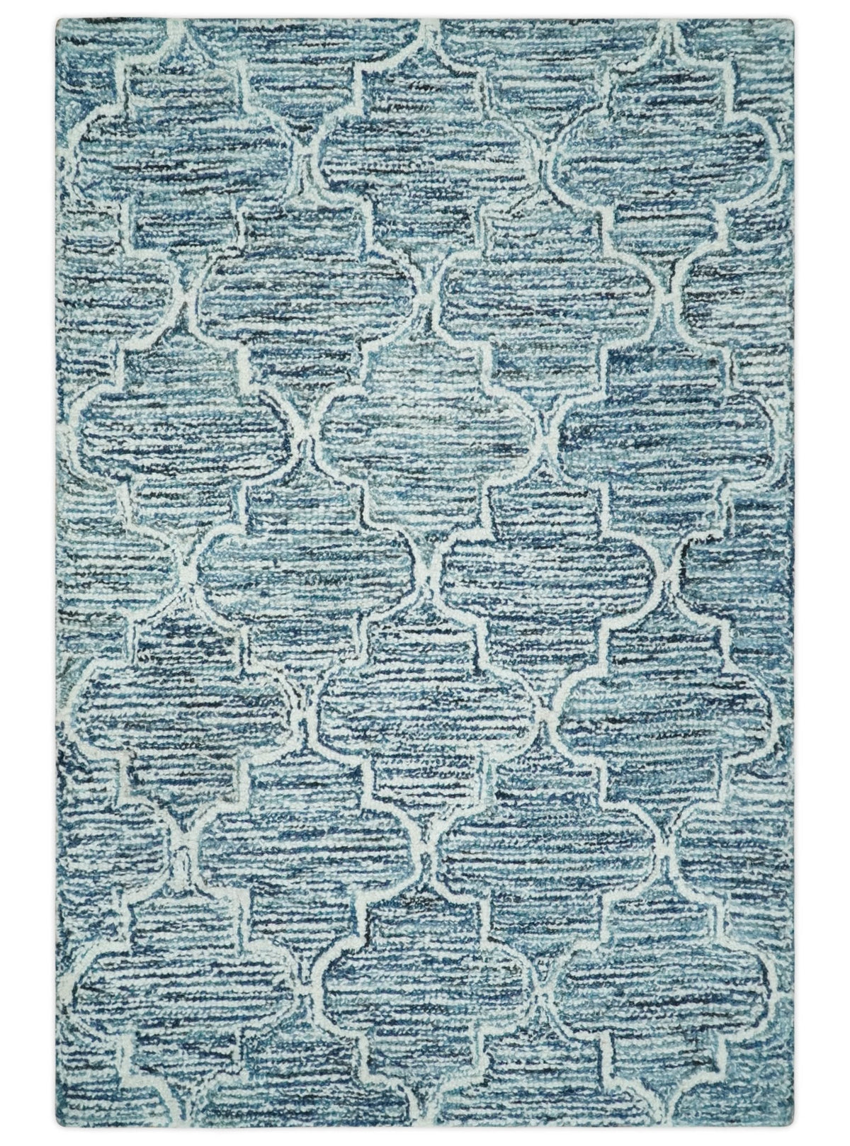 Blue and Ivory Modern Geometric Hand Tufted Natural Wool Rug.