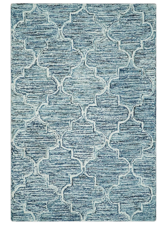 Blue and Ivory Modern Geometric Hand Tufted Natural Wool Rug.