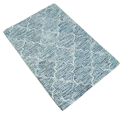 Blue and Ivory Modern Geometric Hand Tufted Natural Wool Rug.
