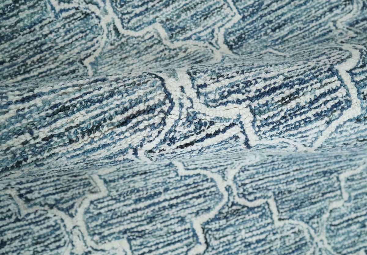 Blue and Ivory Modern Geometric Hand Tufted Natural Wool Rug.