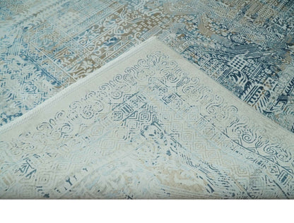 Transitional Blue and Ivory Antique Finish Art Silk Area Rug.