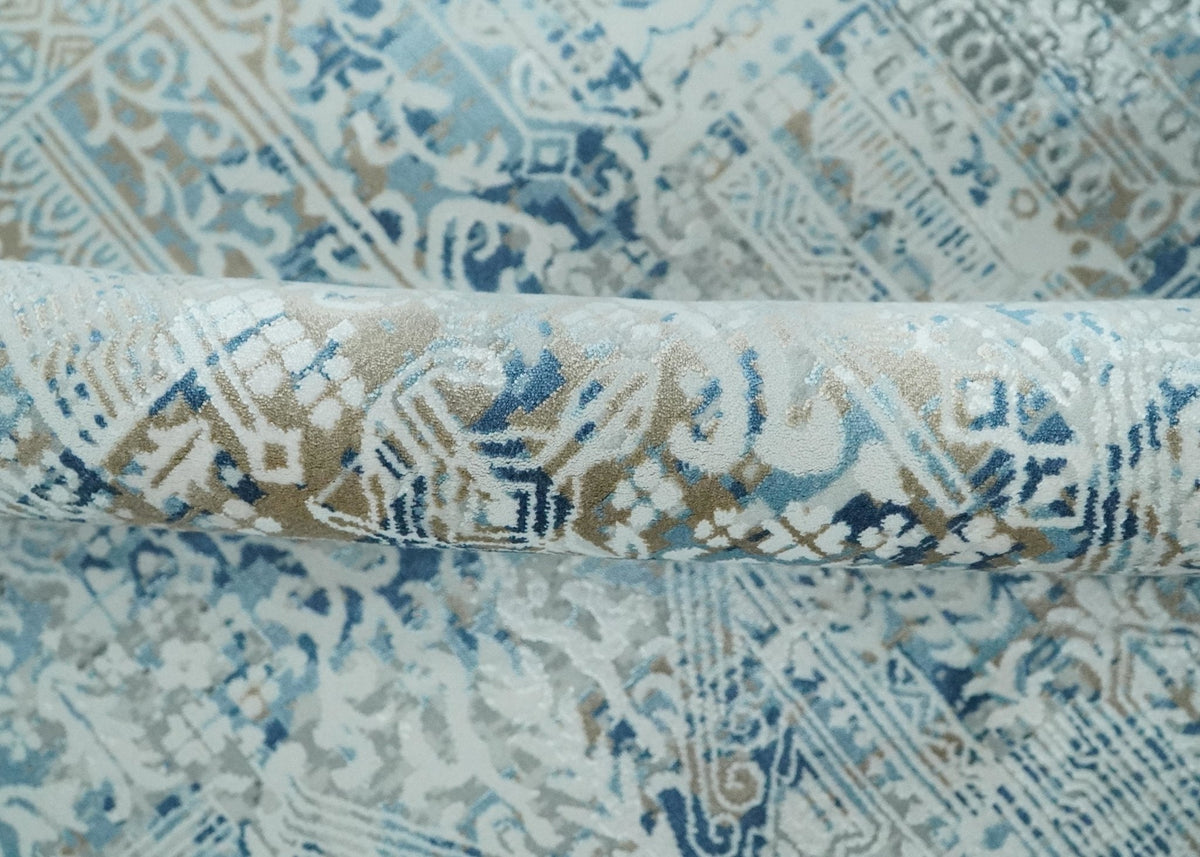 Transitional Blue and Ivory Antique Finish Art Silk Area Rug.