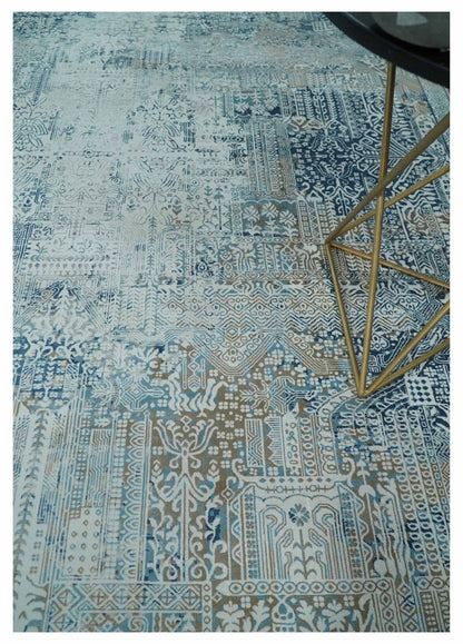 Transitional Blue and Ivory Antique Finish Art Silk Area Rug.