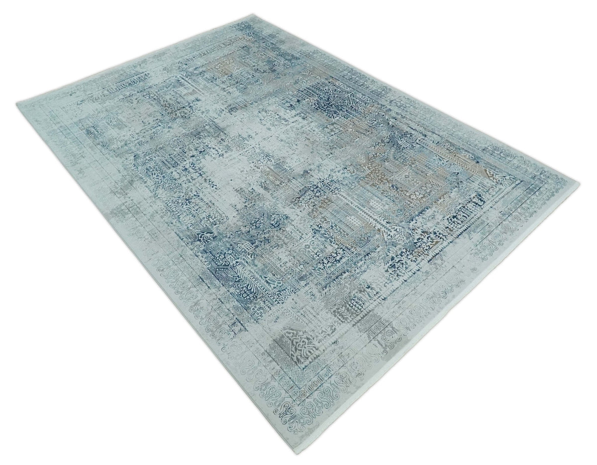 Transitional Blue and Ivory Antique Finish Art Silk Area Rug.