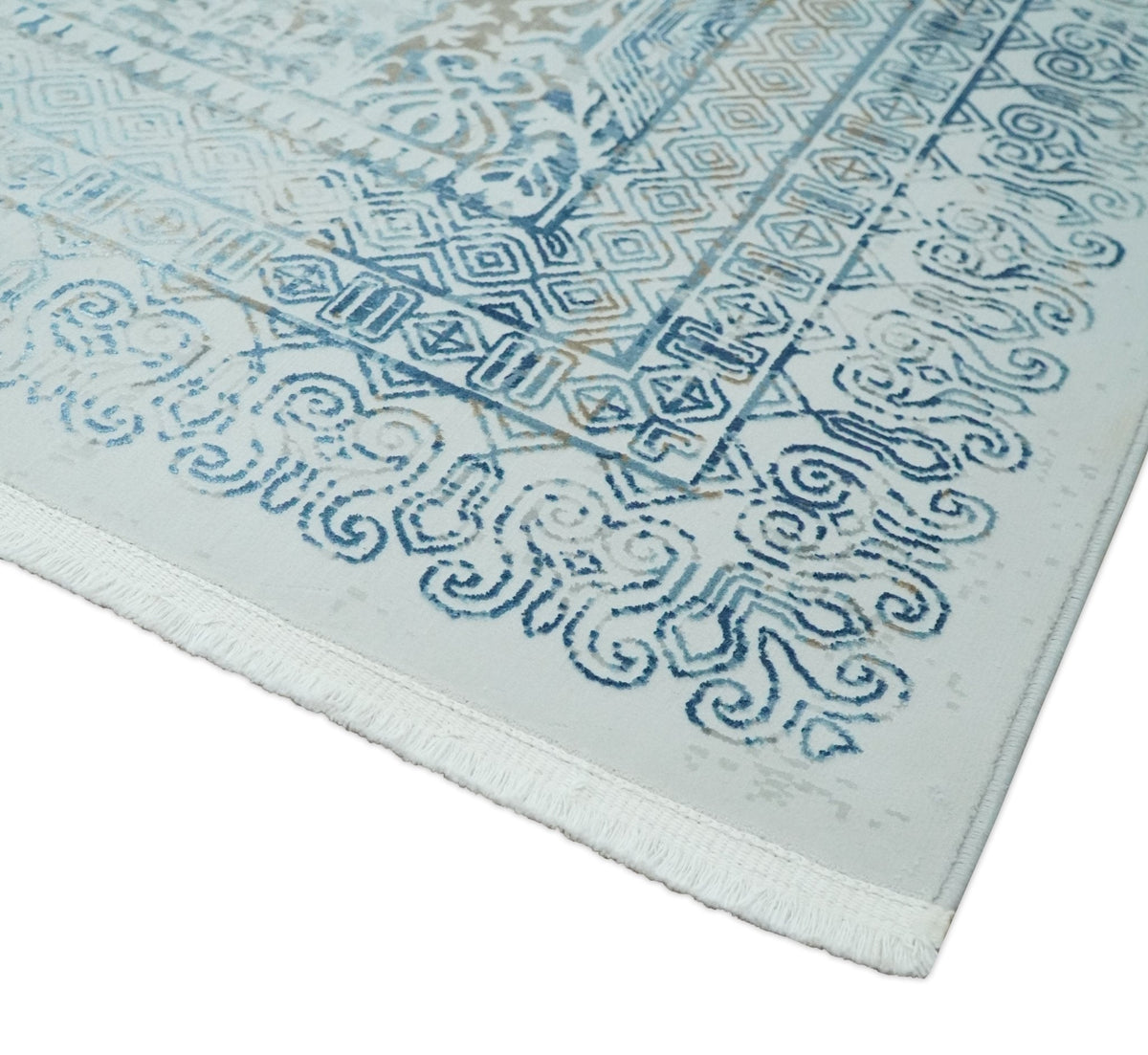 Transitional Blue and Ivory Antique Finish Art Silk Area Rug.