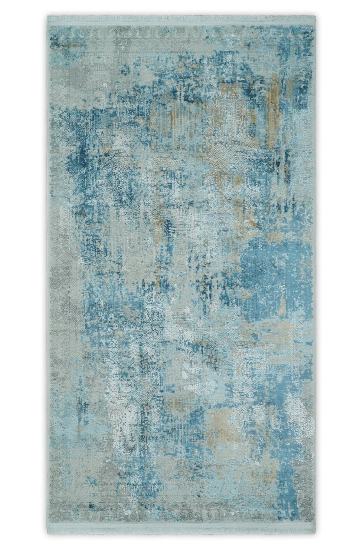 Transitional Blue and Ivory Antique Finish Art Silk Area Rug.