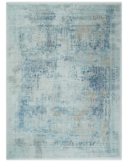 Transitional Blue and Ivory Antique Finish Art Silk Area Rug.