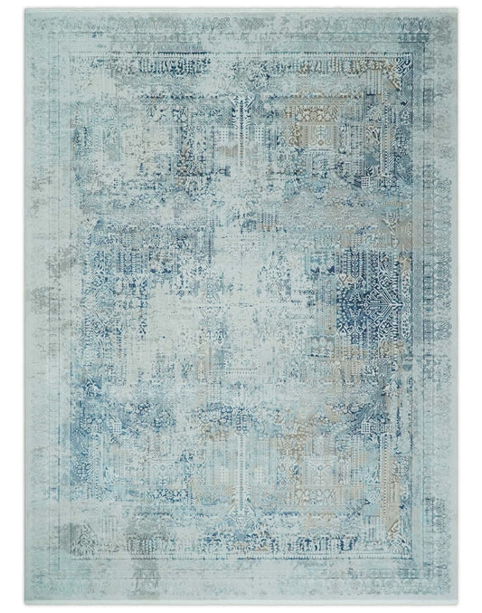 Transitional Blue and Ivory Antique Finish Art Silk Area Rug.