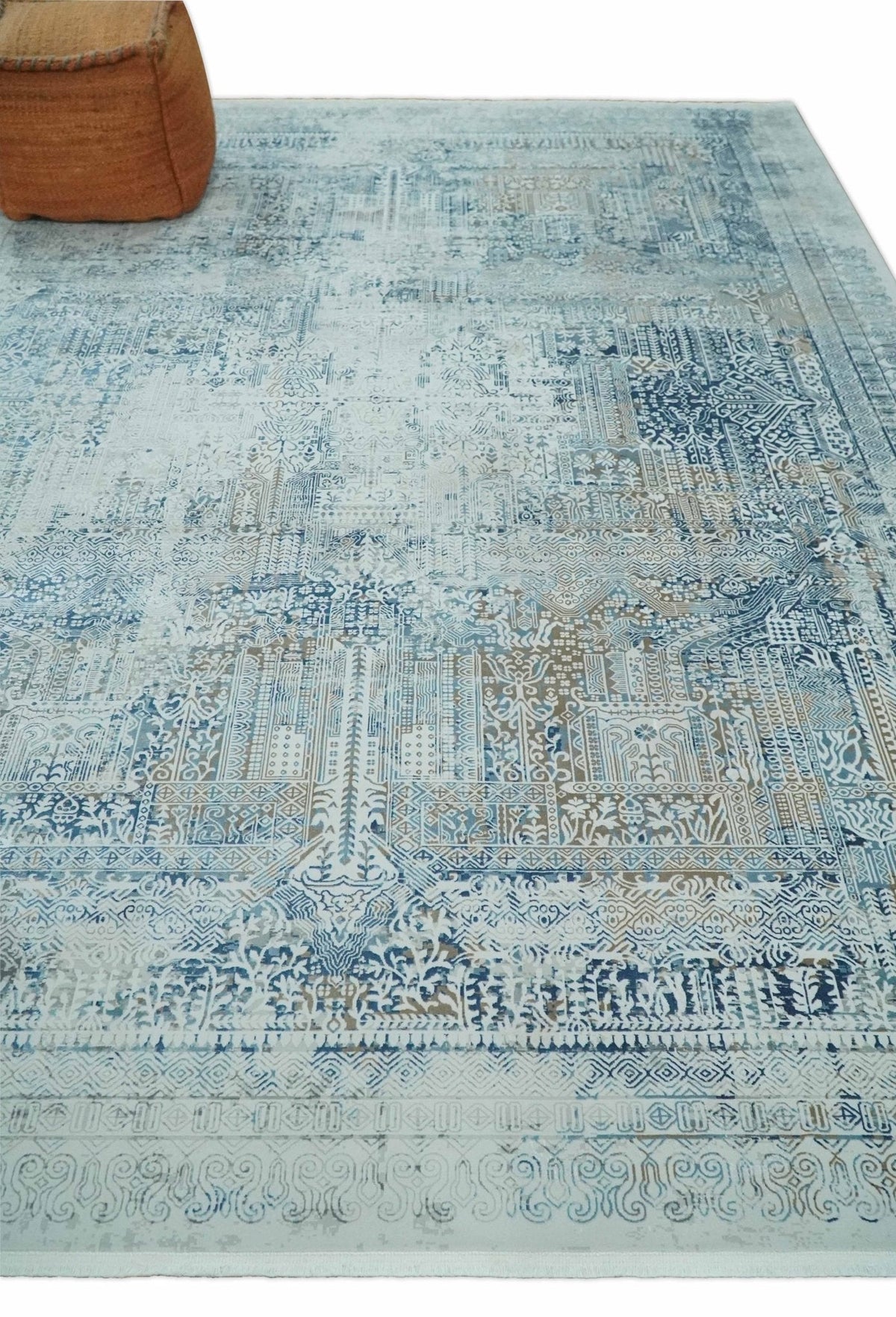 Transitional Blue and Ivory Antique Finish Art Silk Area Rug.
